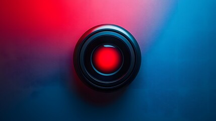 Red Button on Black Panel with Blue and Red Background.