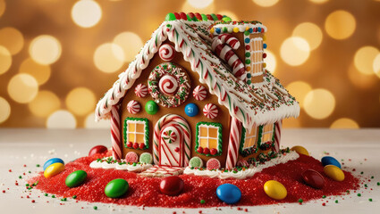 Naklejka premium Deliciously decorated gingerbread house with colorful candies on a festive background.