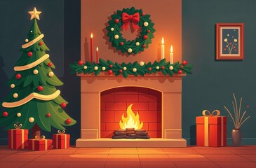 Christmas fireplace with christmas tree