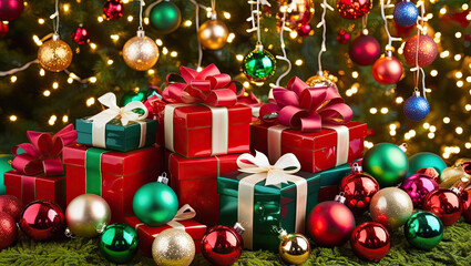 Festive gifts and ornaments against a beautifully lit background.