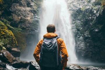 Obraz premium Traveler facing a breathtaking waterfall amidst lush greenery, symbolizing adventure and exploration.