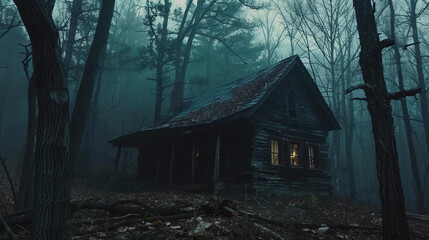 Obraz premium Eerie Cabin in the Woods Surrounded by Fog and Twisted Trees