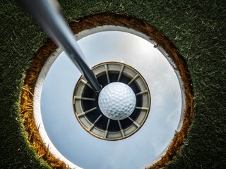 Fototapeta premium Golf Ball Rolling into Hole on Lush Green Field - Active Lifestyle Conceptual Photography
