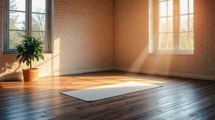Fototapeta premium Serene Yoga Studio Interior, Peaceful yoga studio with wooden floors, a brick accent wall, and natural light streaming through windows. A yoga mat rests in the center.