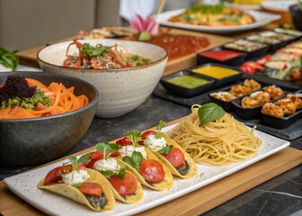 Gourmet International Dishes Aerial Photography for Culinary Enthusiasts and Food Lovers