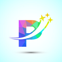 English alphabet P with swoosh and star sign. Shooting star logo design template low poly style
