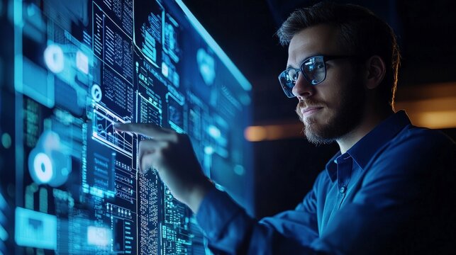 An IT professional giving a presentation on cybersecurity, confident and knowledgeable