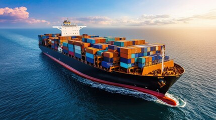 Fototapeta premium Cargo ship navigating vast ocean with stacked containers at sunset