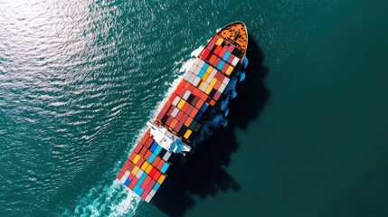 A vibrant container ship departing the port into the expansive open ocean