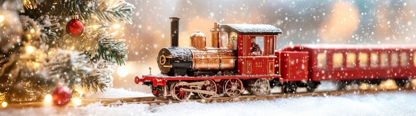 Obraz premium Christmas train decoration on snow next to a Christmas tree and bokeh lights size 32:9