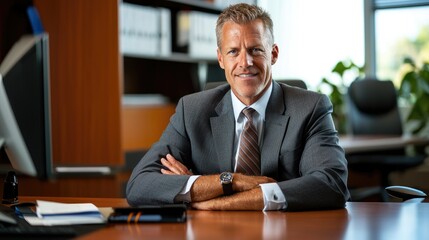 Confident executive businessman seated at desk with arms folded in modern office setting