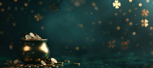 Elegant St. Patrick's Day Banner with Gold Shamrocks and Pot of Coins for Festive Design