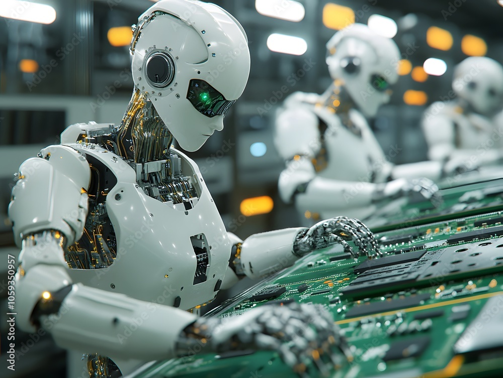 Poster futuristic robots in high-tech manufacturing process