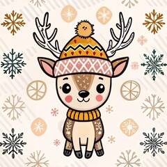 Obraz premium Cute cartoon reindeer character in a colorful hat and scarf, surrounded by snowflakes and winter decorations