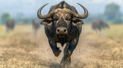 A Cape buffalo runs towards the camera in a field of tall grass.