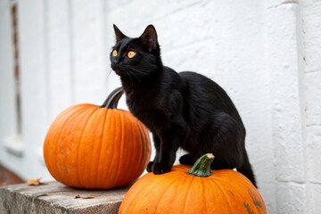 Halloween Black Cat on Pumpkin - Minimalist Style Photography for Spooky Vibes