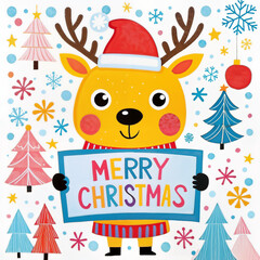 Fototapeta premium Festive cartoon reindeer wearing a Santa hat, holding a Merry Christmas sign in a colorful scene