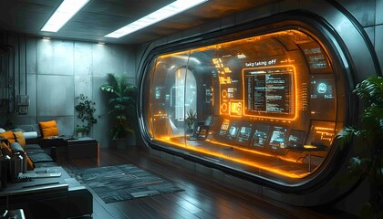 Obraz premium Launchpad to the Digital Future, an office or industrial space transformed into a digital launchpad with data streams, AI-powered dashboards,