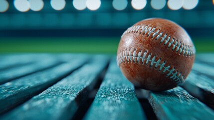 Bright Stadium Lights Illuminating Glove and Ball on Bench - Sporting Equipment in Focus