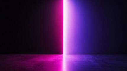 A glowing vertical line divides a dark wall into two halves. The left side has a pink hue, while the right is purple. Light reflects on the ground, creating a futuristic, minimalist effect.