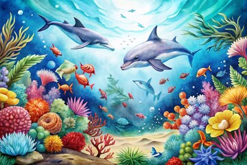 Fototapeta premium Hand-Drawn Watercolor Sea Frame with Underwater Animals – Vibrant Ocean Life Illustration for Nature and Marine Themes