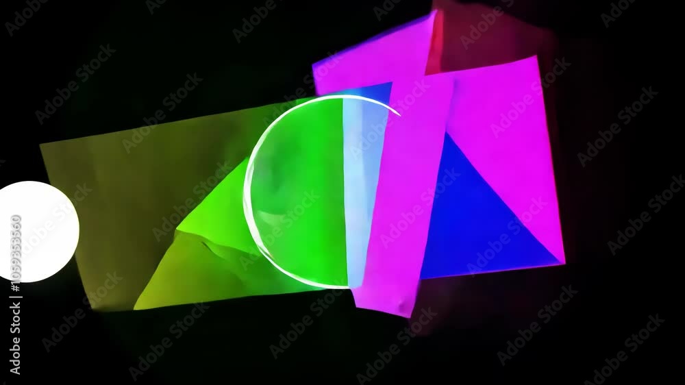 Poster Abstract dynamic 3D shapes in motion with vivid RGB rainbow colors and 90s style