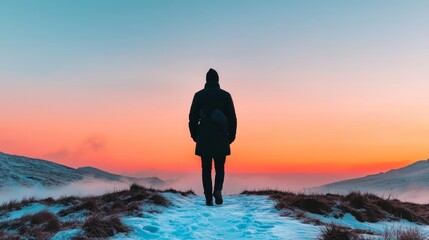 A lone figure walks towards the horizon, bathed in the soft glow of a colorful sunrise over a snow-covered landscape.