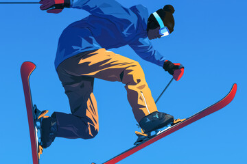 Solo Skier Performing a Jump Against Clear Blue Sky. A digital illustration of a skier in mid-air, wearing bright attire, capturing the thrill and excitement of winter sports.
