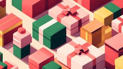 Obraz premium A flat vector illustration of a Christmas present, with simple shapes and lines, on a white background, using a palette of pink, green, red, and orange