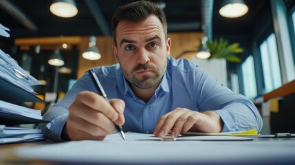 Obraz premium Focused businessman analyzing documents with pen in modern office setting