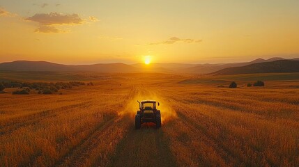 Fototapeta premium Tractor Driving Through a Field at Sunset