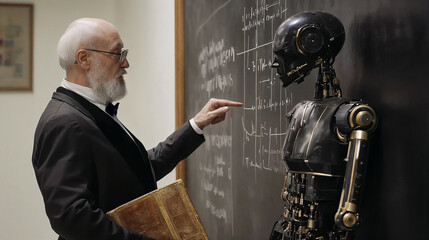 Professor Explaining Mathematical Concepts to Humanoid Robot in Classroom
