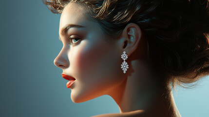 Fototapeta premium Side profile of a woman with diamond earrings in a soft lighting setting