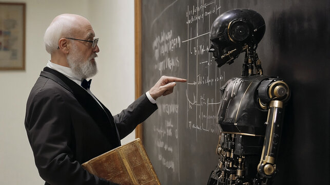 Professor Explaining Mathematical Concepts to Humanoid Robot in Classroom