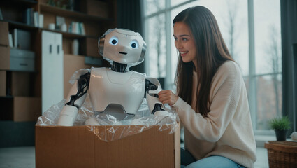 Woman Unpacking Robot from Box