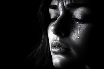 Fototapeta premium A woman experiencing deep emotions with tears rolling down her cheek in low light conditions