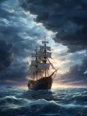 Fototapeta premium Sailing the Horizon: A Schooner on the Open Sea