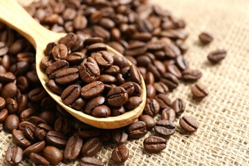 Сoffee beans in spoon, close up