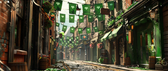 Obraz premium Traditional Irish Street Scene with St. Patrick's Day Decorations for Greeting Card Design