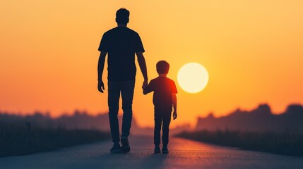Silhouette of a father and son walking hand-in-hand towards the setting sun.