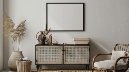 Scandinavian living room with black poster frame, commode, dried flowers, rattan basket, books, and accessories.