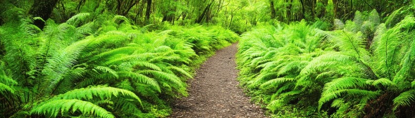 Fototapeta premium Lush Green Fern Forest Trail Hiking Nature Path