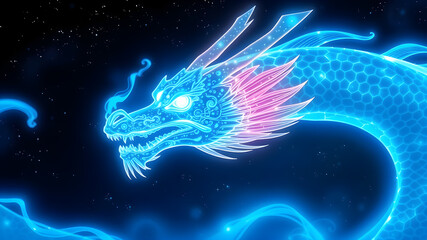 Naklejka premium Dragon head with blue neon lights on a dark background. 