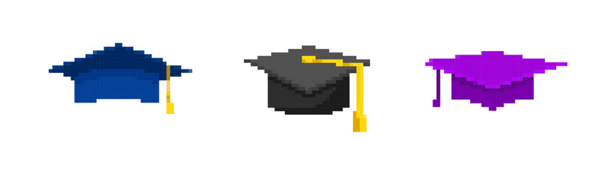 Pixel graduate caps with tassels set. 8bit cap with square brim to celebrate successful graduation from school and college with academic success vector uniform