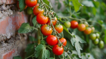 fresh, healthy and ripe red tomatoes hanging on bush plant