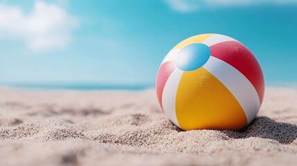 Obraz premium Bright Beach Ball Half Buried in Sandy Shoreline under Sunny Sky - Summer Vacation Fun Concept