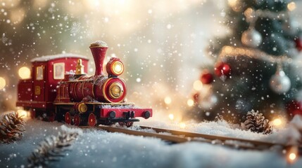 Obraz premium Christmas decoration train on snow next to a Christmas tree and bokeh lights