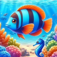 Naklejka premium A blue and white cartoon fish with a large mouth and fins floating on the bottom of the sea