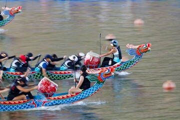 Scene of a competitive boat racing in the Dragon Boat Festival in Taipei, Taiwan, where the...