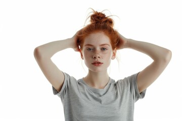 Fototapeta premium woman wearing her red hair on white background
